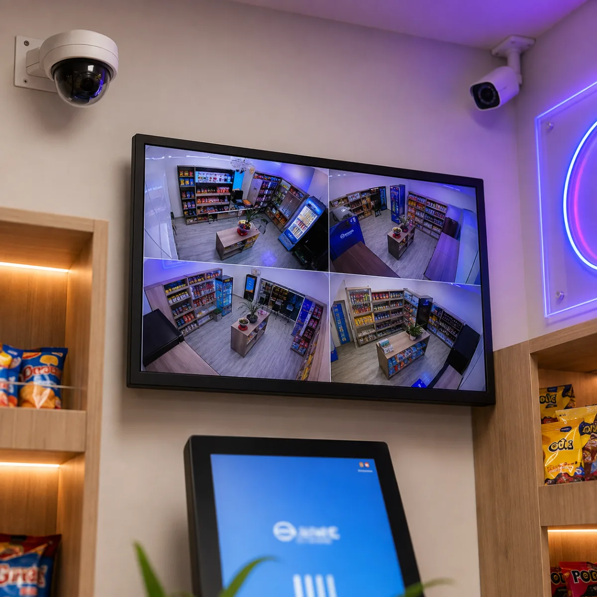 Monitor de circuito cerrado y cámaras dentro del micromarket