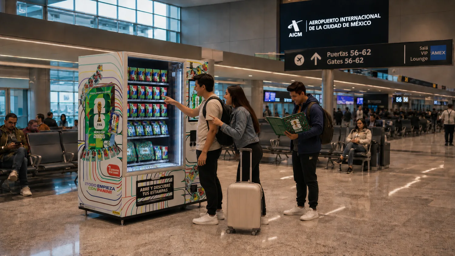 Máquina expendedora de estampas Panini rotulada, instalada en el Aeropuerto Internacional de la Ciudad de México