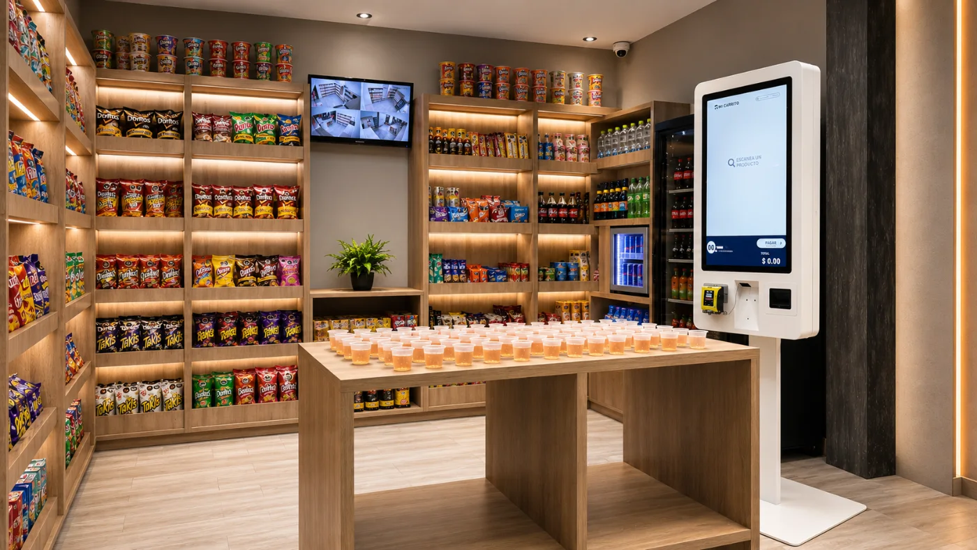 Micromarket VM24 completo con anaqueles, refrigeración, mesa central y kiosco de autocobro