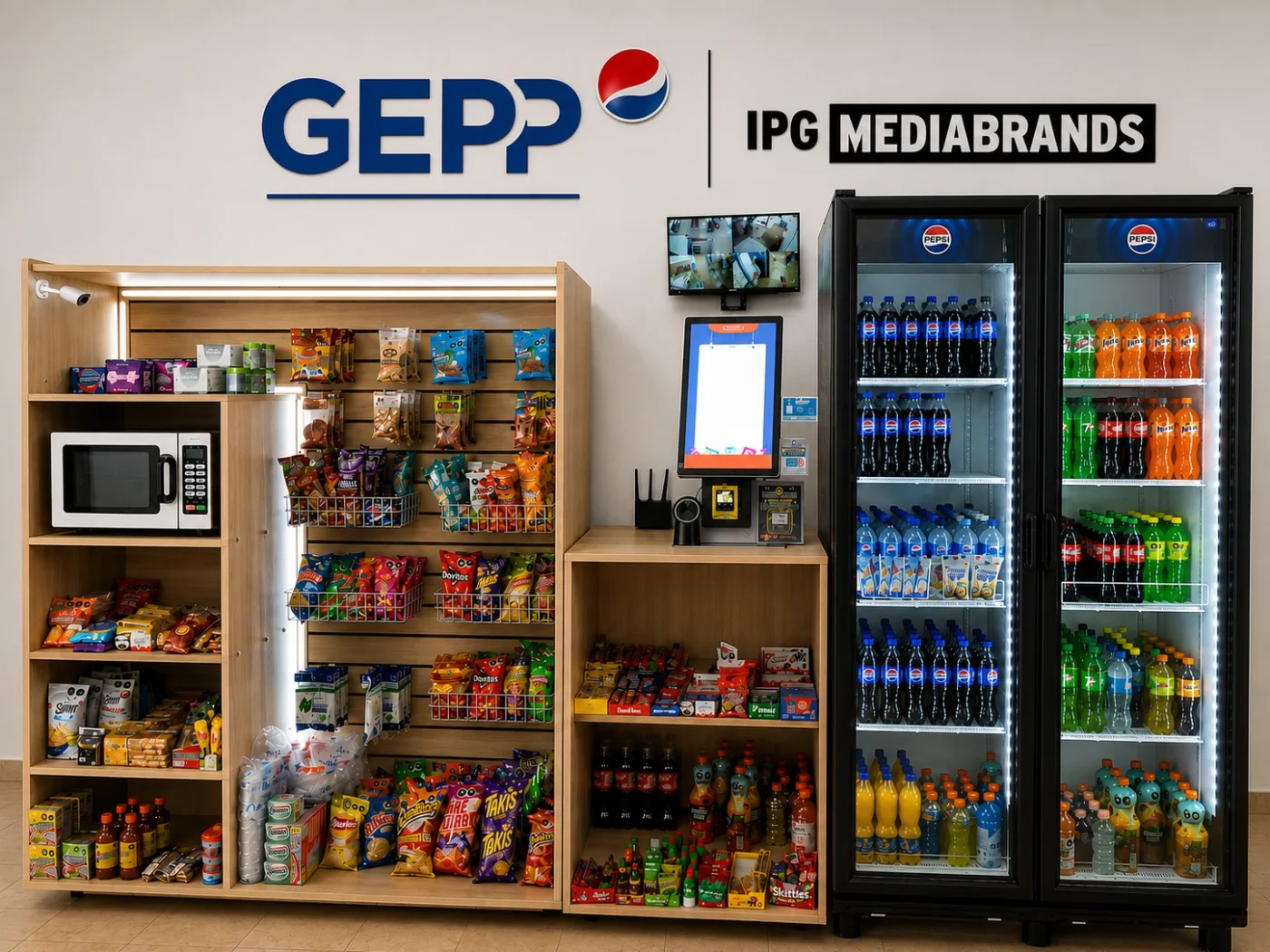 Micromarket VM24 en IPG Mediabrands con estantes, refrigeradores Pepsi y kiosco de autocobro