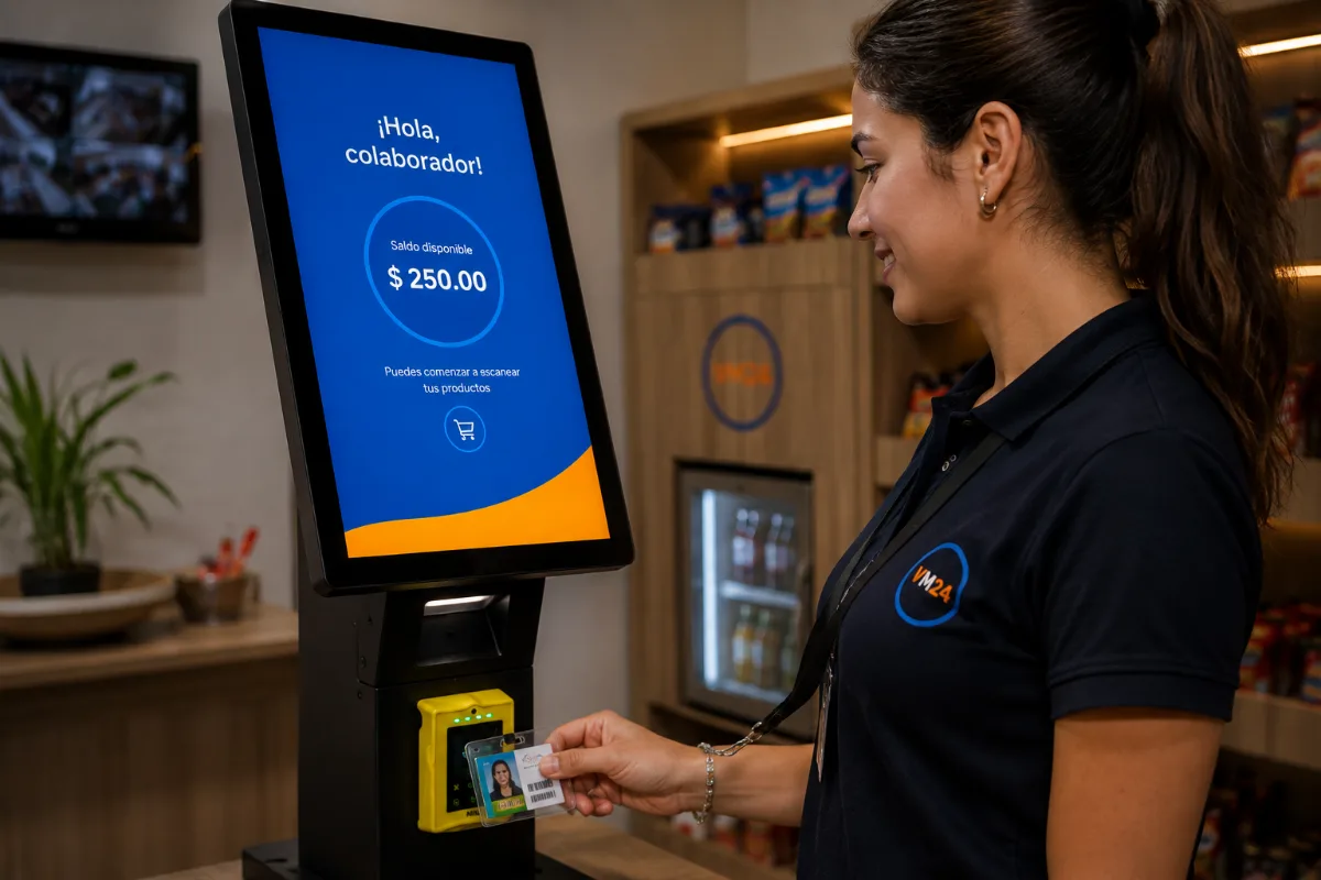 Colaboradora identificándose con credencial en el kiosco de un micromarket